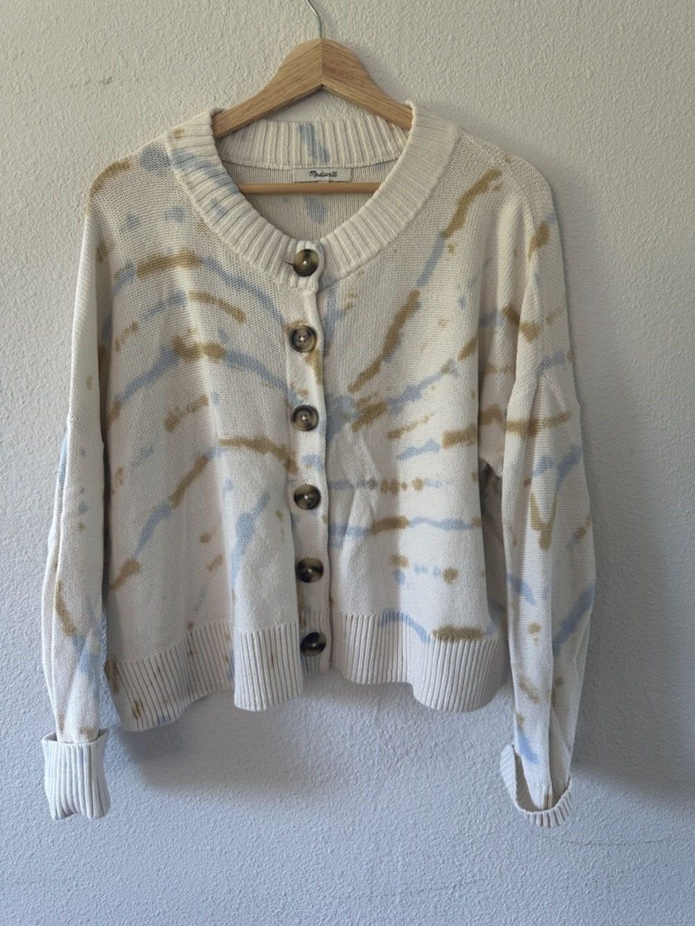 Madewell Cream Cardigan with Blue and Tan Tie-Dye